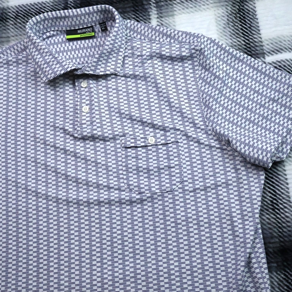 Murano Performance Slim Fit Polo Shirt Blue White Geometric XL Short Sleeve